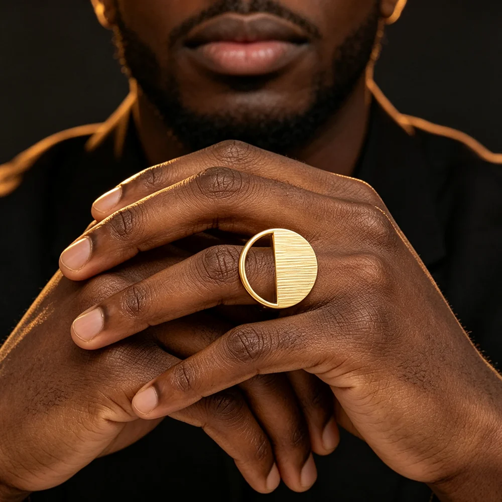 18K Gold Plated Brushed Finish Half‑Circle Hollow Round Earrings & Ring Set For Women Luxury Wedding Party Accessories Gift