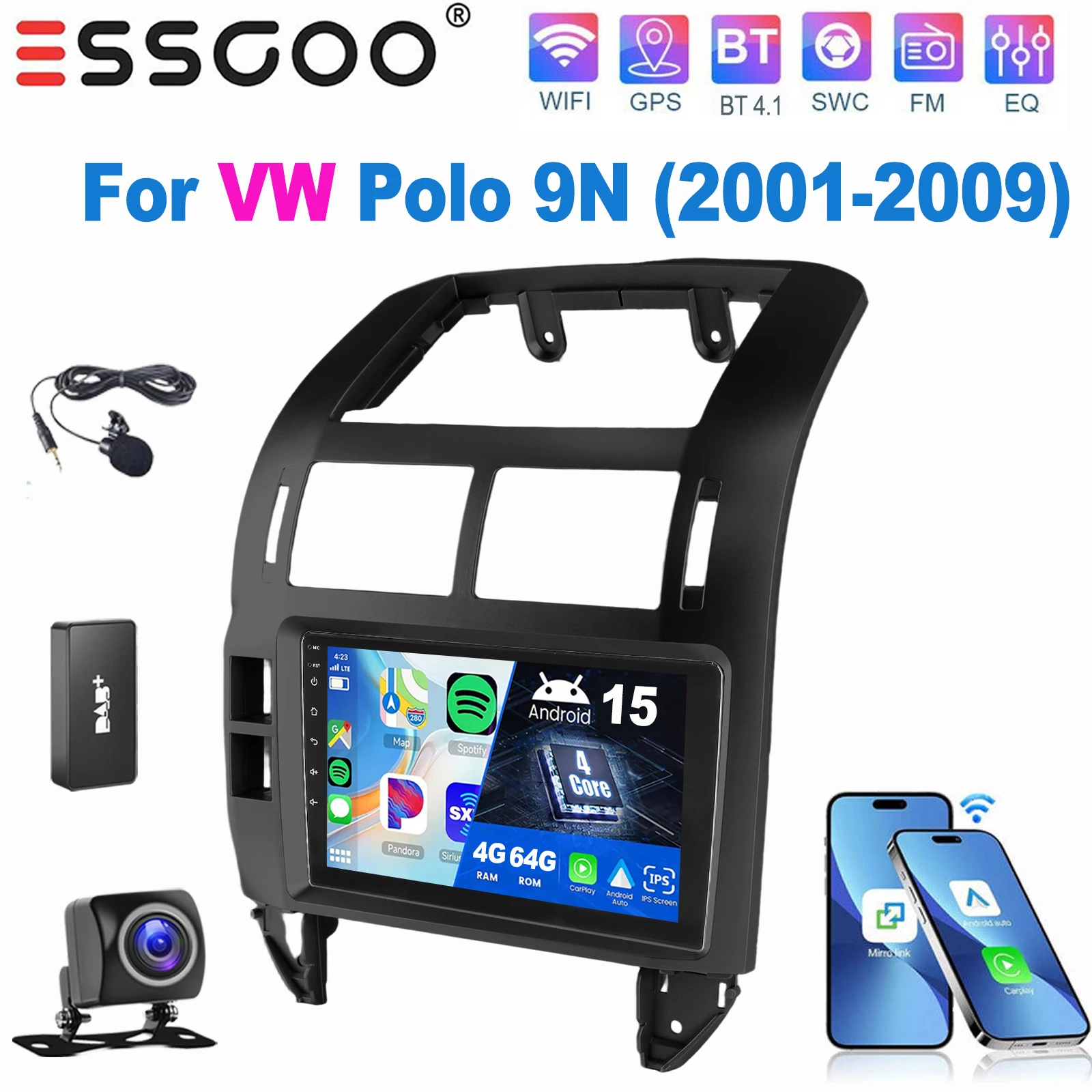 ESSGOO 9 Inch IPS Touchscreen Voor VW Polo 9N 2001-2009 Autoradio Apple Carplay Android Auto GPS Navigatie WIFI FM Stuurwielbediening RDS Android 15 Mirror Link Bluetooth ASP Geluid Split Screen