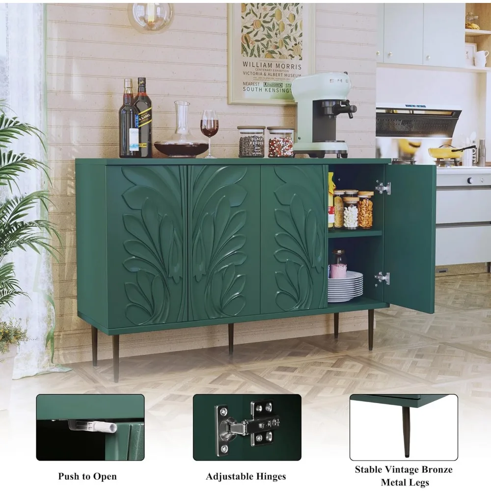 Armário buffet aparador com padrão de flor 3D, armário de destaque com 4 portas e prateleiras ajustáveis, aparador decorativo de madeira