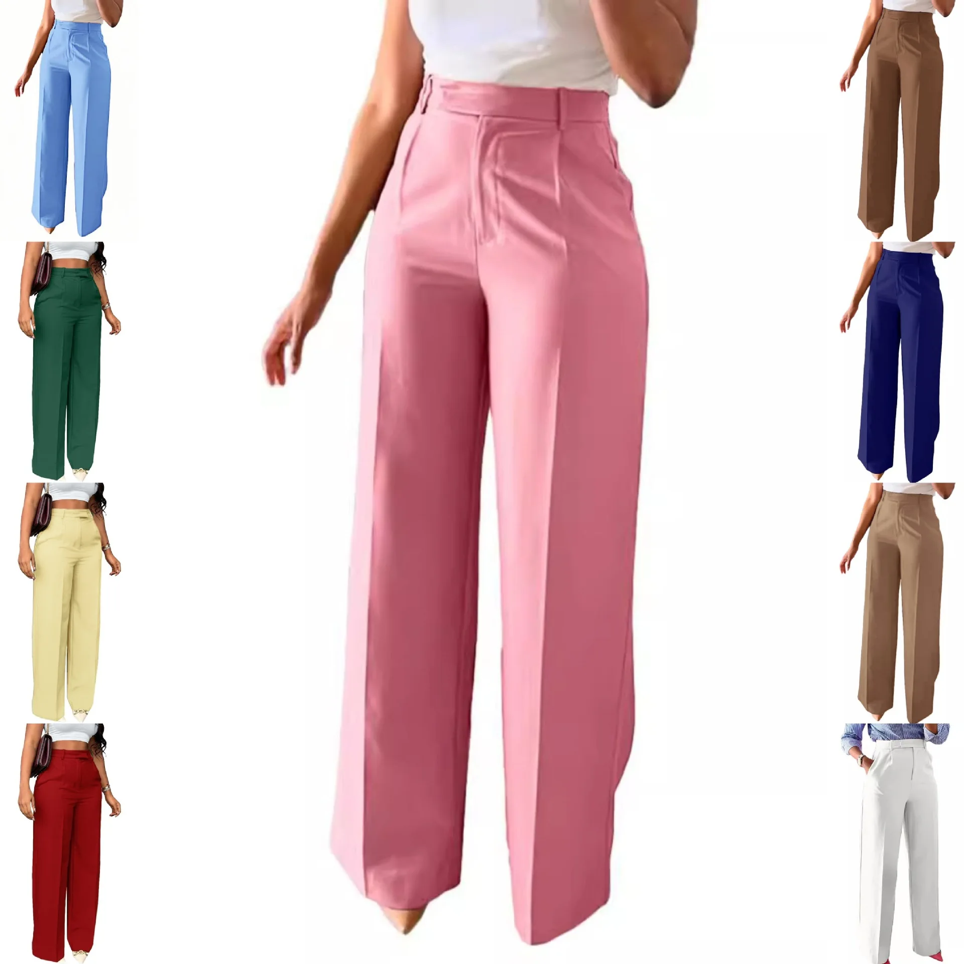 Women Suit Pant Solid High Waist Straight Trousers Y2k Outerwear Elegant Work Solid Wide Leg Long Pants Pockets Autumn Winter