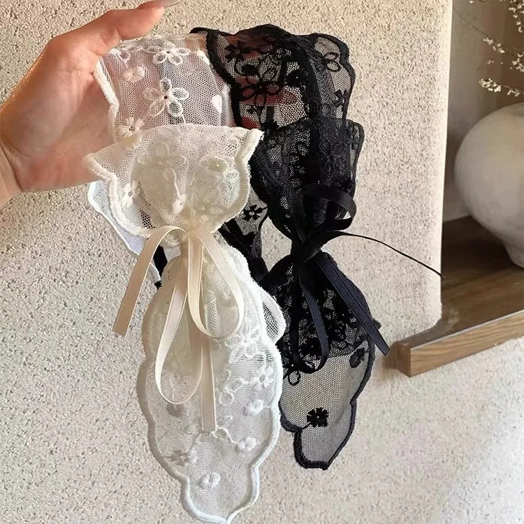 

French mesh bow lace wide edge headband for women's countryside style summer fluttering, high-end hair accessory