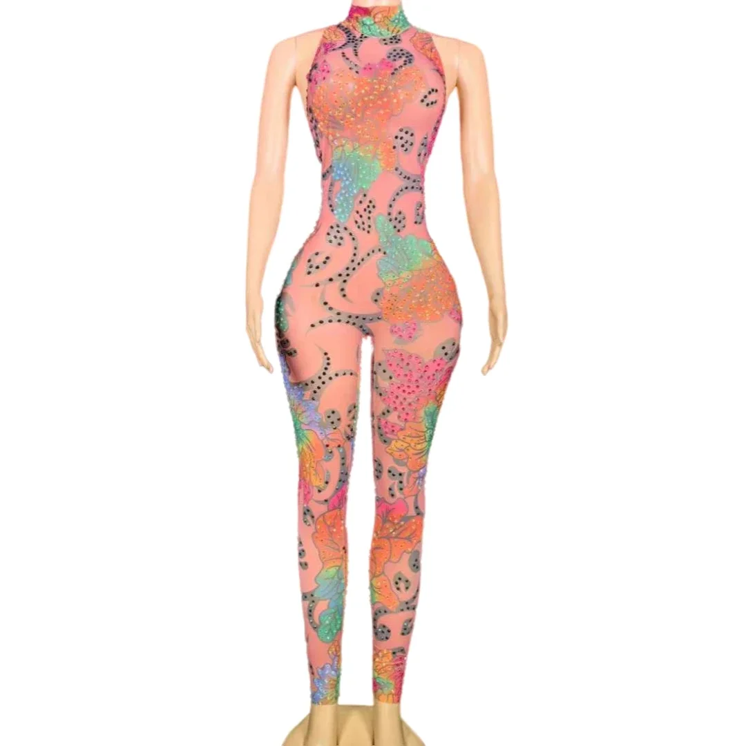 

Rhinestone Stretch Sleeveless Jumpsuits For Women Sparkly Showgirl Dancer Romper Stage Wear Nightclub Pole Ballroom Party Outfit
