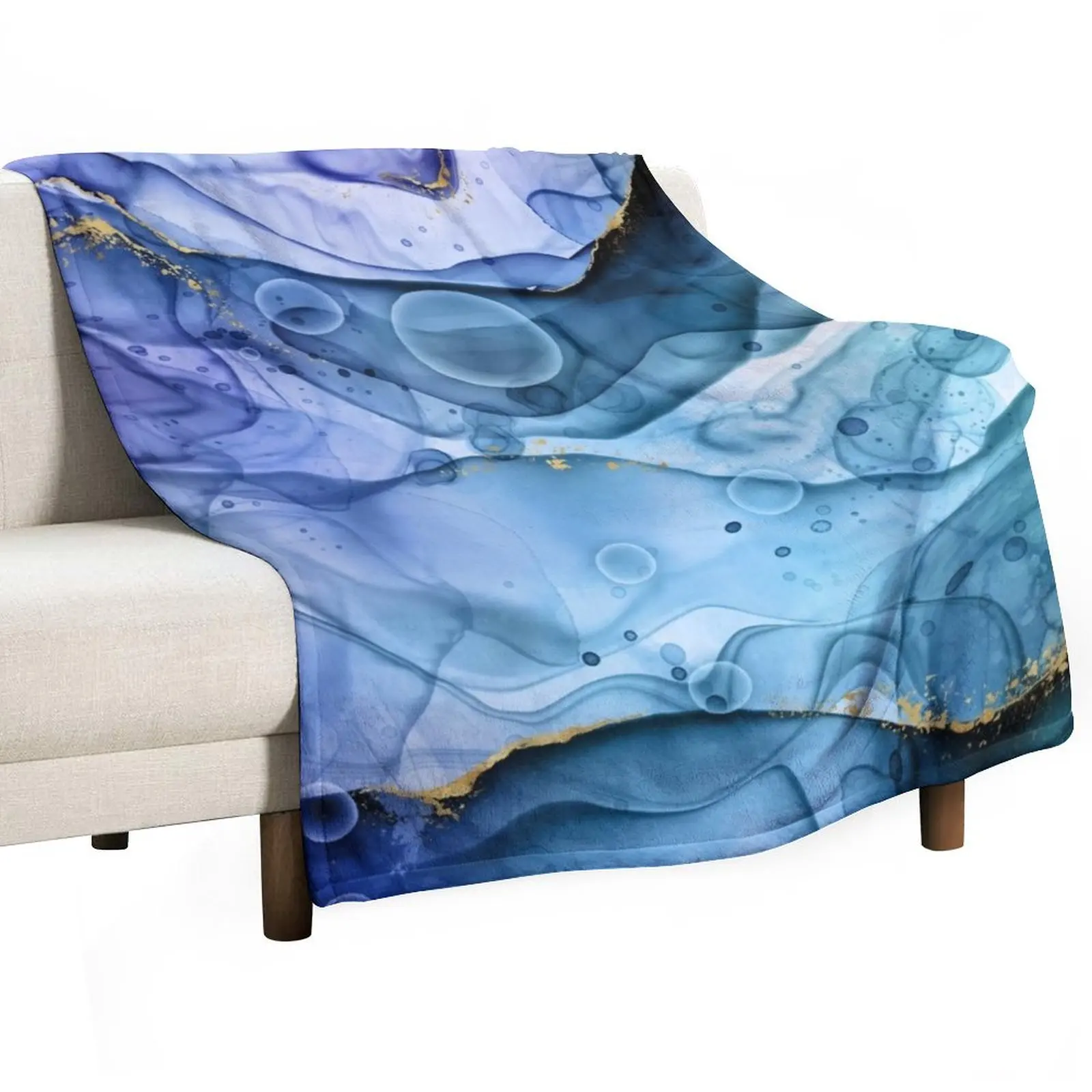 Mermaid Ink Splashes in Blue with Gold Detail Throw Blanket funny gift Sleeping Bag Blankets