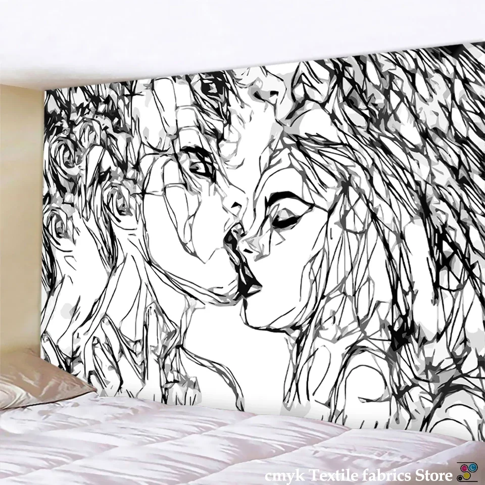 Creative Line Draw Tapestry Wall Hanging Boho Decor Hippie Kiss Psychedelic Wall Tapestry Abstract Carpet Wall Cloth Tapestries