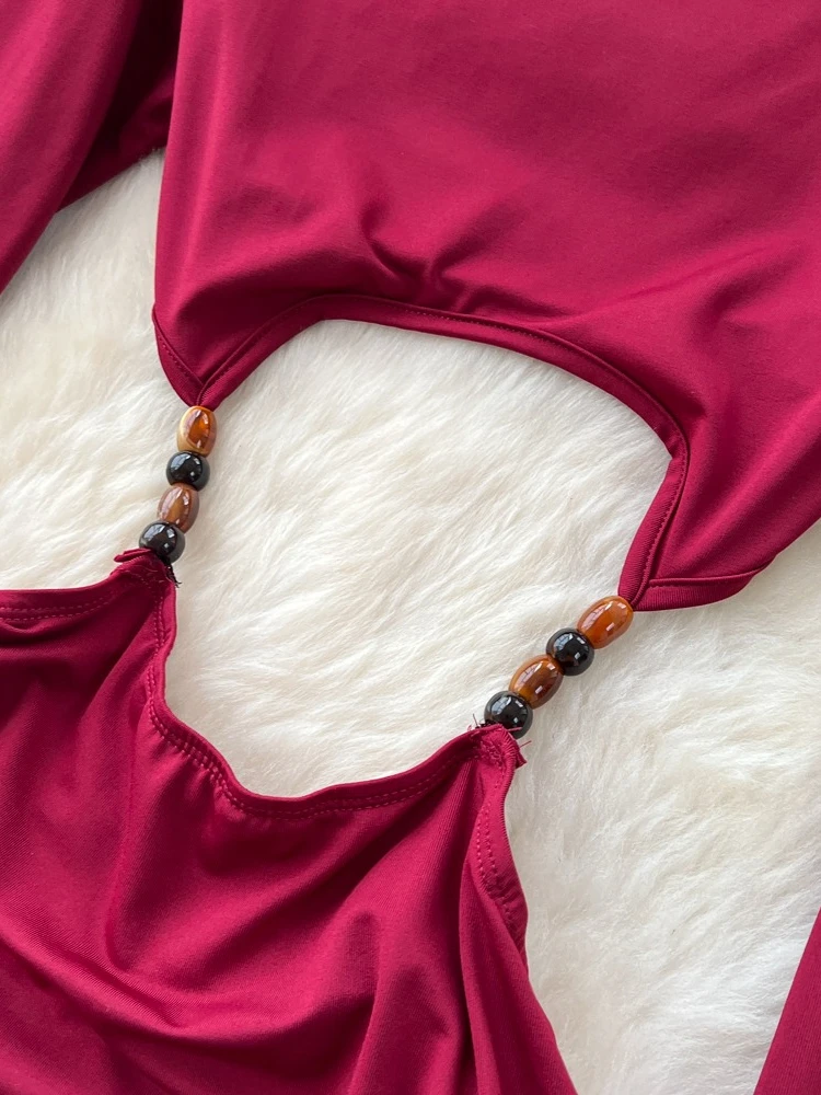 フォームリナ セクシー ビーズ カットアウト スリム マキシドレス レディース ファッション 秋冬 無地 Oネック 長袖 ボディコン イブニング パーティー ガウン