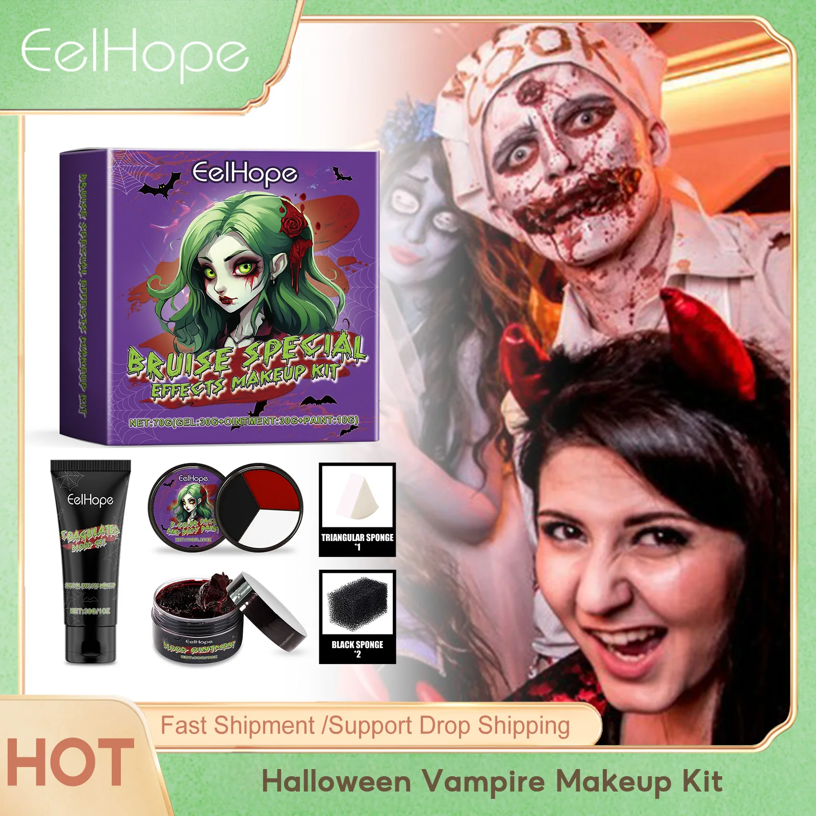 

Eelhope Halloween Vampire Makeup Kit Dazzling Black Painting Festive Celebrate Holiday Beauty Box Family Body Colorful Cosmetic