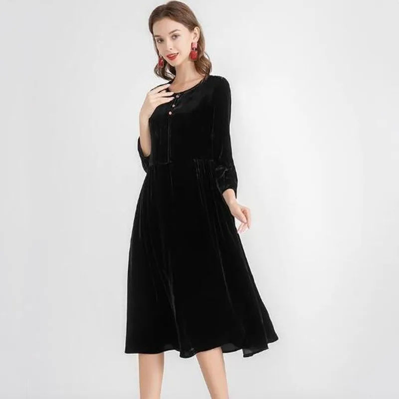 女性用七分袖ベロアパーティードレス、Oネックボタン付きプリーツフリルベルベットドレス、春秋ヴィンテージパーティードレス