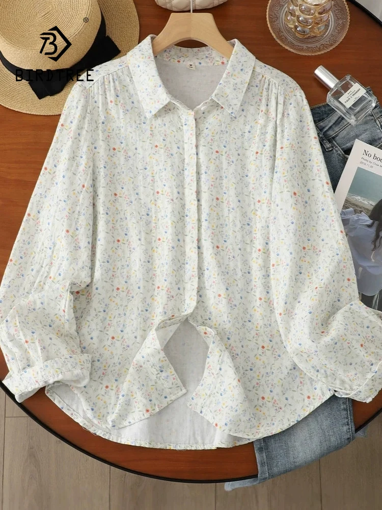 New 2026 Autumn Women Cotton Yarn Long Sleeve Shirt,Turn-down Collar Print, Mori Girl Versatile OL Soft Loose Blouse T69854CC