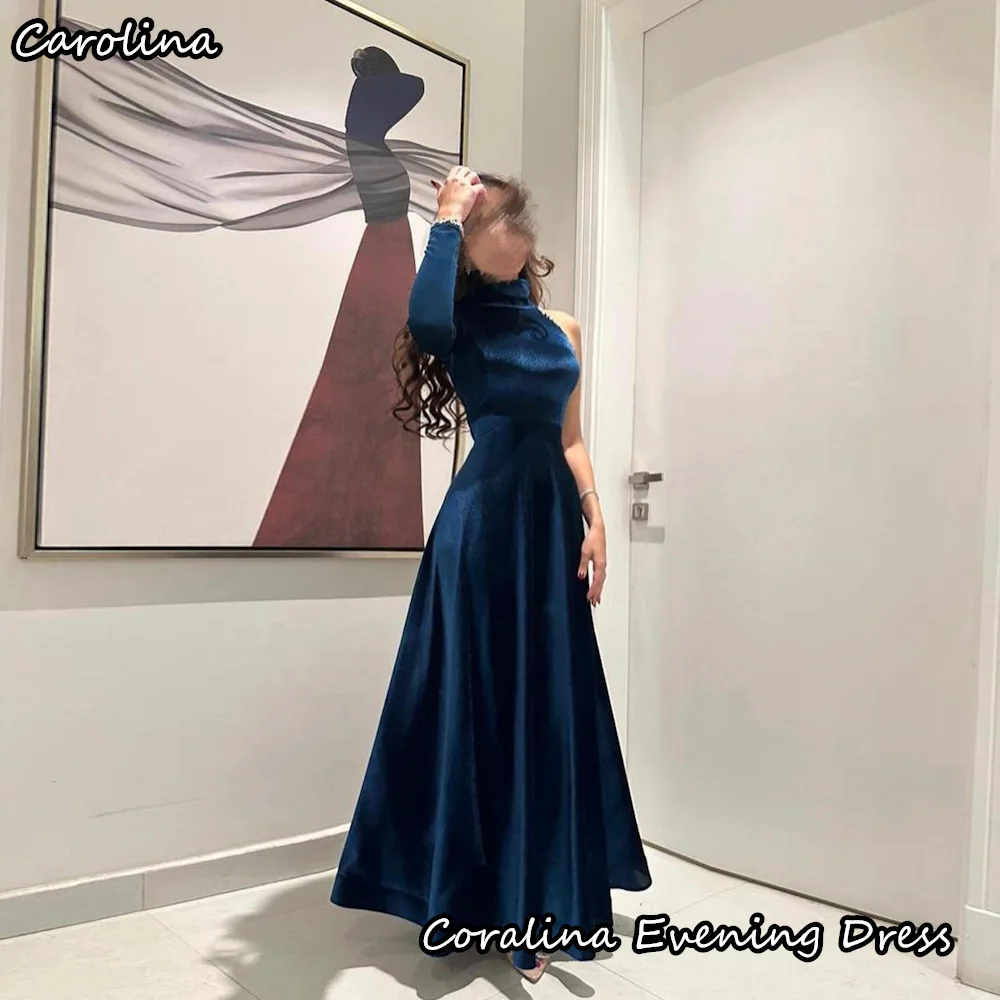 Carolina Velour A-line One-shoulder Ruffle Beading Formal Prom Gown Ankle-length Evening Elegant Party Dress for Women 2024