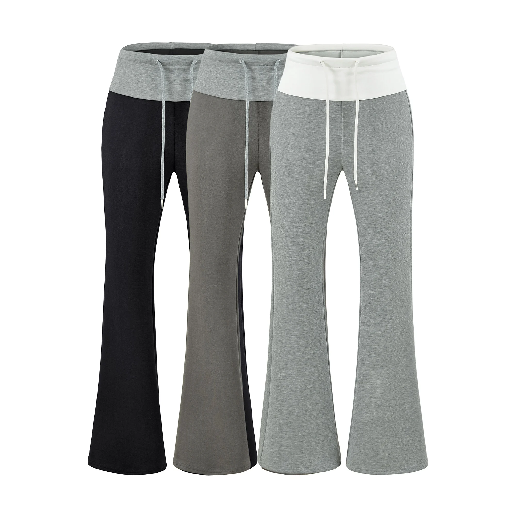 Autumn Women Patchwork Roll Up Drawstring Waist Sports Flare Pants Long Trousers Joggers Streetwear Sweats Pants Gray Black