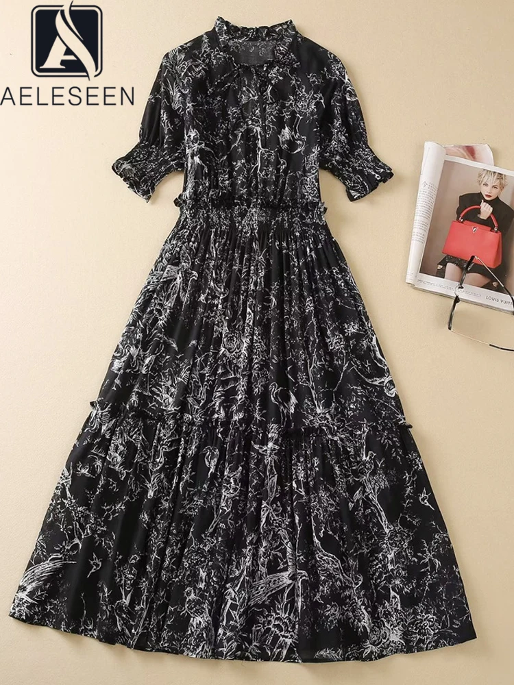

AELESEEN 100% Cotton Runway Fashion Summer Dress Women Black Waist Elastic Ruffles Flower Print Midi Party Vacation