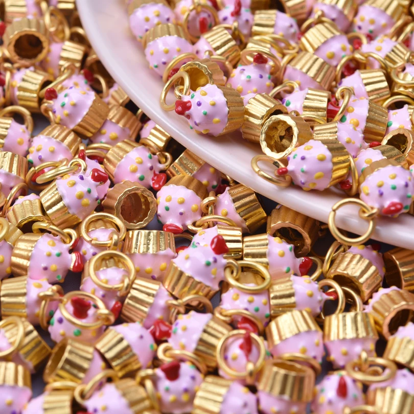 5pcs/Lot Retail Girl Accessories Food Ice Cream Cake Enamel Charms For Jewelry Making Supplies Candy Pendant Chinese Gold Color