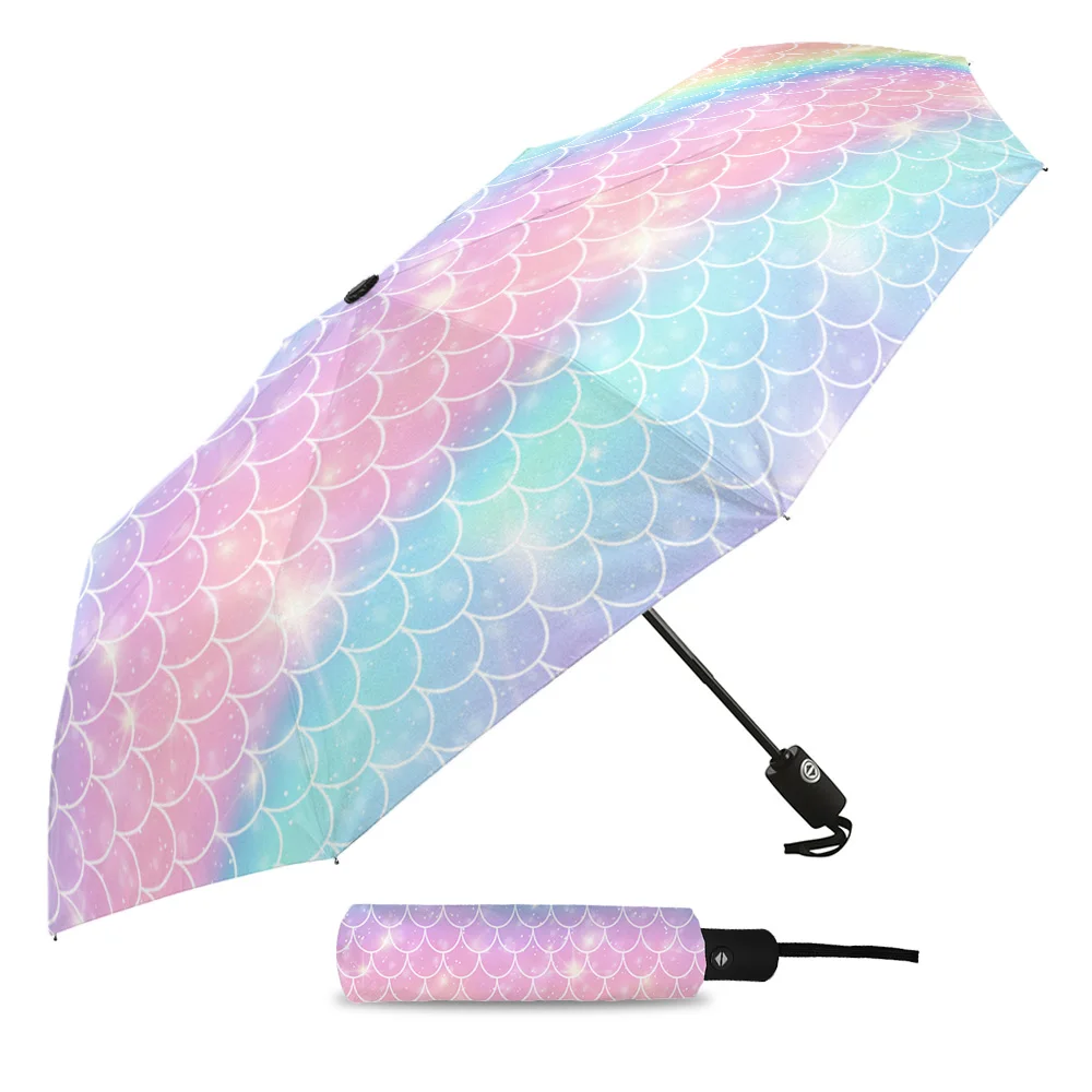 Mermaid Scales Ocean Rainbow Print Women Men Rain Umbrella Three Folding Girl Durable Portable Automatic Umbrellas Gift Parasol