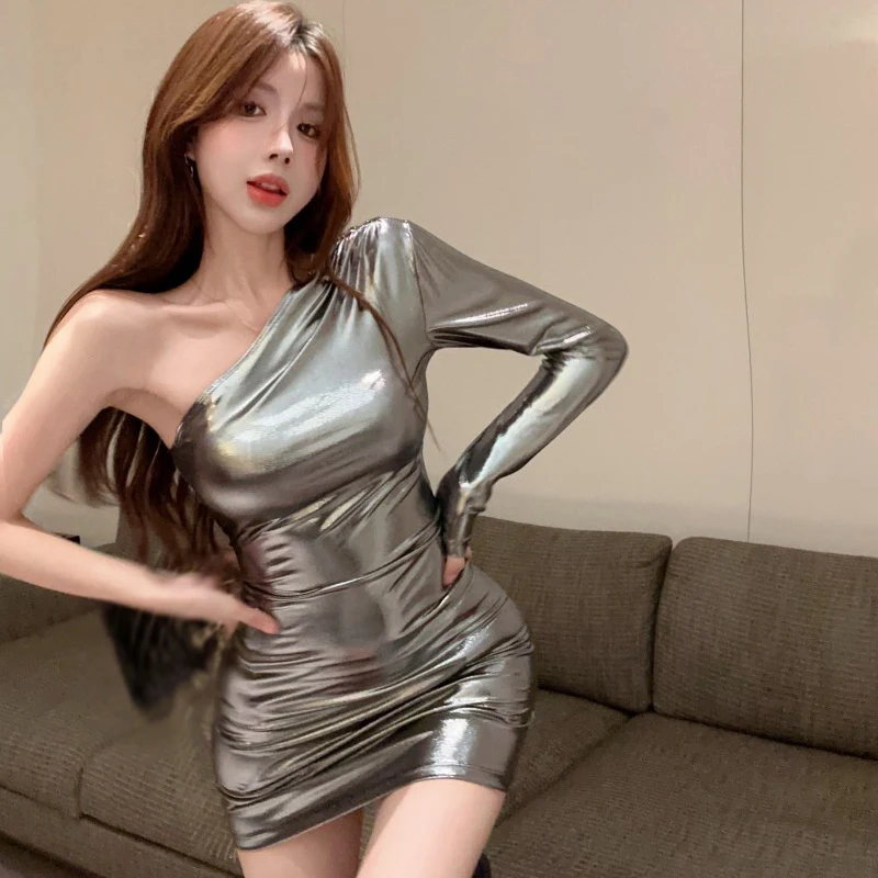 Korean Slant Shoulder Metallic Silver Glossy Slim Sexy Long Sleeve Wrap Hip Party Dresses