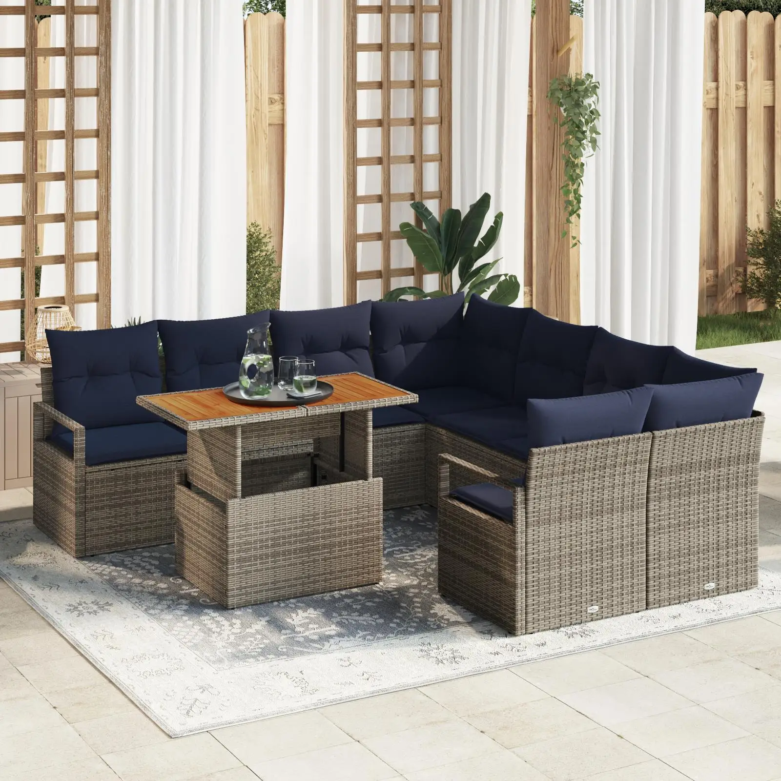 

9 Piece Garden Sofa Set with Cushions Grey Poly Rattan Acacia Wood Outdoor Furniture