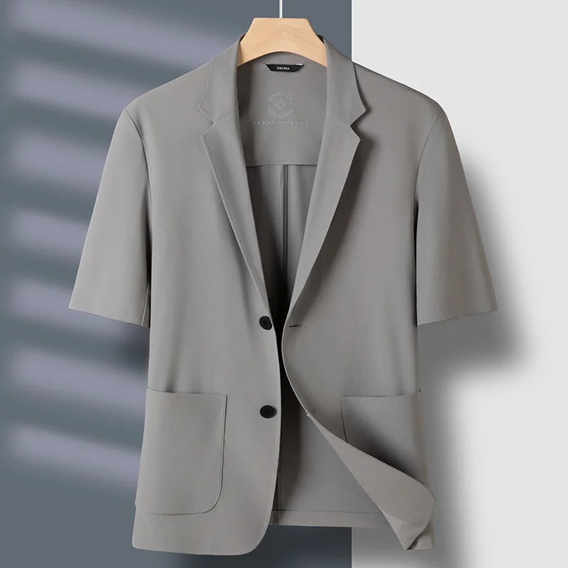 

KIDWHXR Men Summer Suit Coat Thin Ice Silk Business Casual Male Blazer Fashion Sun Protection Pocket Short Sleeve Man Outerwear