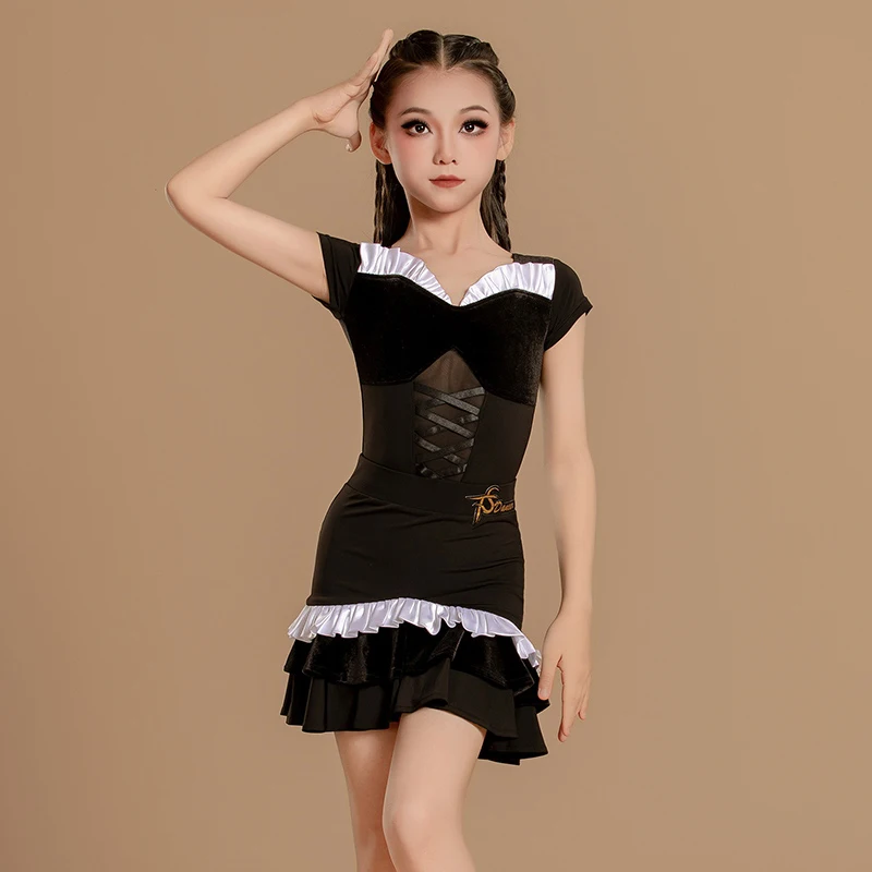 

Новинка 2023 года, платье для латинских танцев для девочек, черный костюм с разрезом, платье для соревнований, чача-румба, одежда для латинских танцев, DN20999