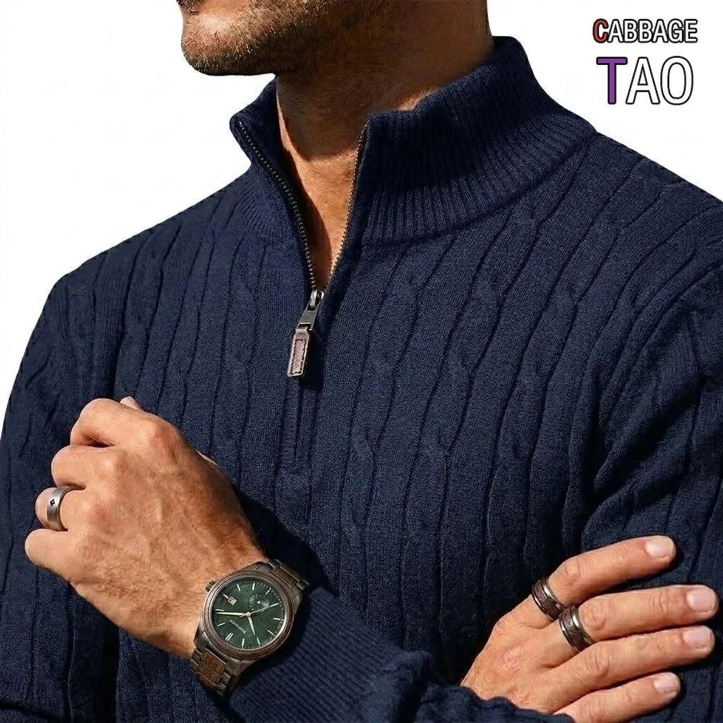 New Mens Cable Knit Quarter Zip Sweater Jacket Casual Long Sleeve Knitted Pullover Autumn Winter Cozy Cardigan Outerwear Coats