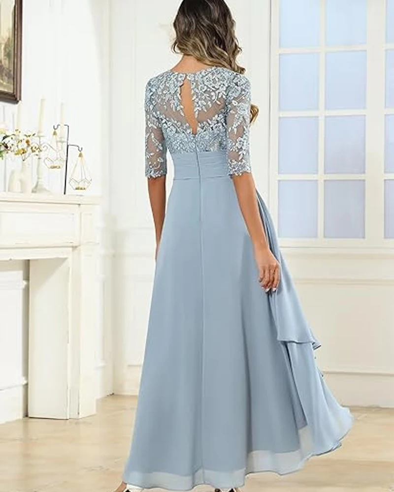 Customized Skbue Chiffon Tea Length Mother of The Bride Dresses Lace Appliques A Line Ruffle with Sleeve Wedding Party Dresses