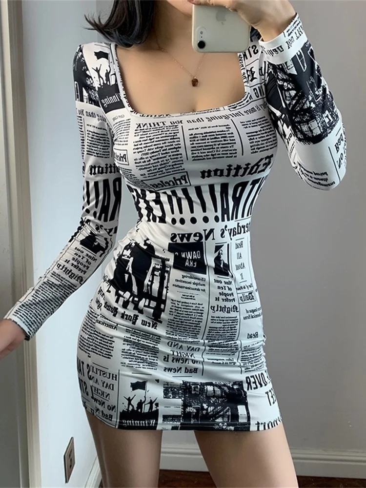 Hot-selling Printed Europe Newspaper Sexy Mini Dress 2020 Autumn New Fashion Street Shooting Slim Girl Female Square Collar ZW0