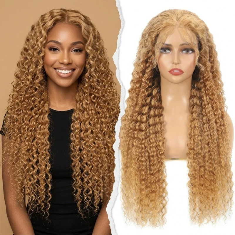 

28 Inch 13x4 Lace Front Honey Blonde Deep Curly Synthetic Wig, Pre Plucked Hairline, Natural Fluffy Heat Resistant Fiber