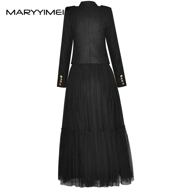 MARYYIMEI Designer Autumn Winter Skirts Suit Women Stand CollarSingle-breasted Tweed Jacket+Elastic Waist Mesh Skirt 2 Piece Set