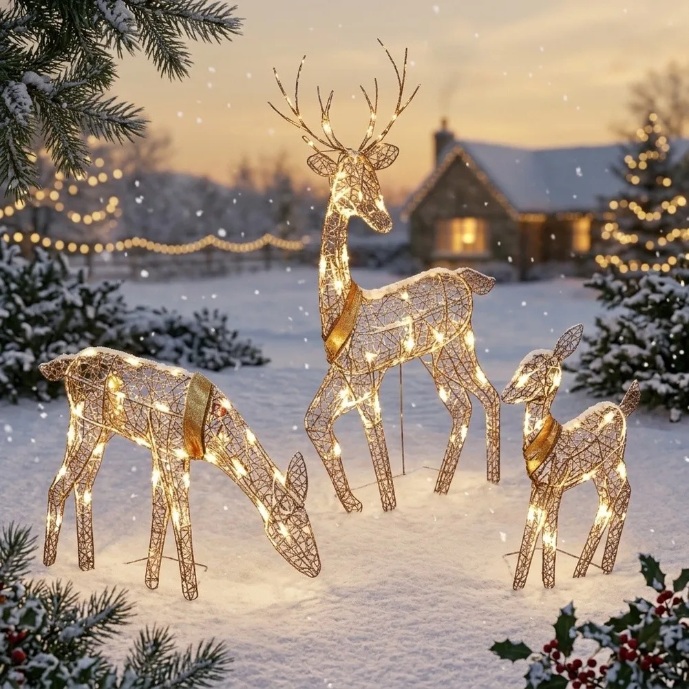 3PCS Illuminated Christmas Reindeer Family Set Metal LED Light Decor For Holiday Yard Lawn Garden Outdoor Festival Ornaments