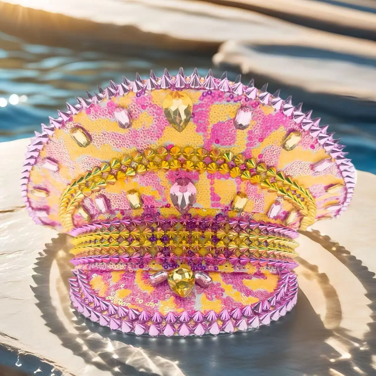 

HongLuan Yellow Laser Leather Loop Captain Hat Rhinestone & Military Caps for Woman, Rave Festivals Accessories ＆ Party Cap Man