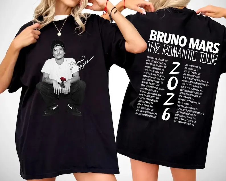 Camiseta de algodón de manga corta con estampado inspirado en la gira romántica de Bruno Mars, camiseta Retro Pop Concert 2026 para hombres y mujeres, regalo para fanáticos de la música