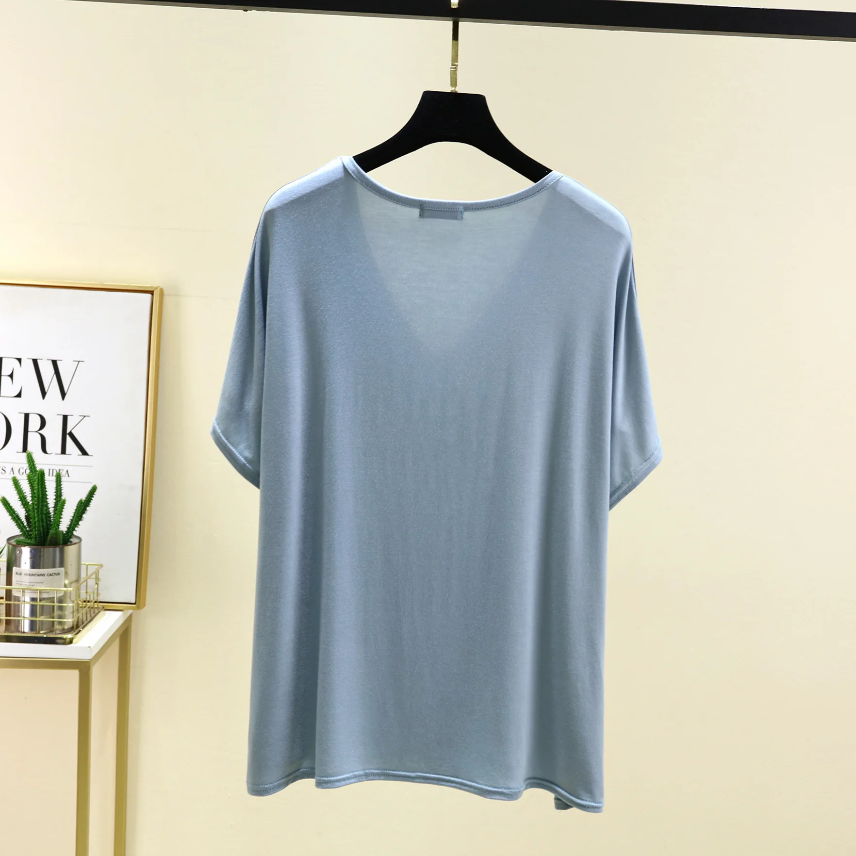 Summer New Women's Solid Color Cotton Modal Blend Lightweight V-Neck Drop Shoulder Short Sleeve Korean Style Sweet Loose Fit T