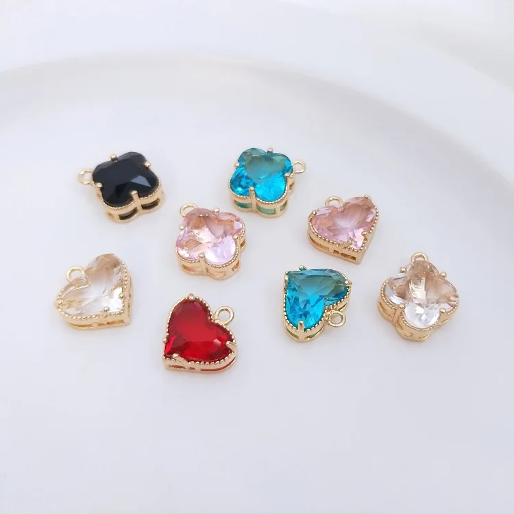 10pcs 14K Gold Plated Lucky Flower Heart Shape Green Pink Blue CZ Pendant Charms DIY Chain Bracelet Necklace Earrings Making