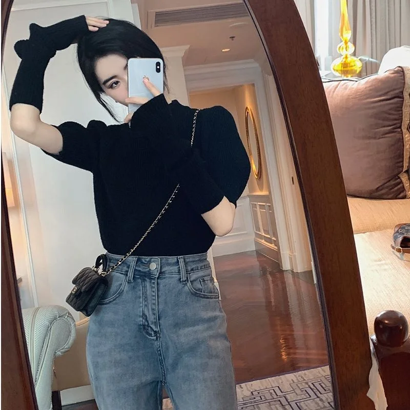 Detachable Sleeve Knitted Sweater Women Plus Size Women'S Winter Velvet Double-Zip High-Grade Pullover Homewear Elegant Black OL