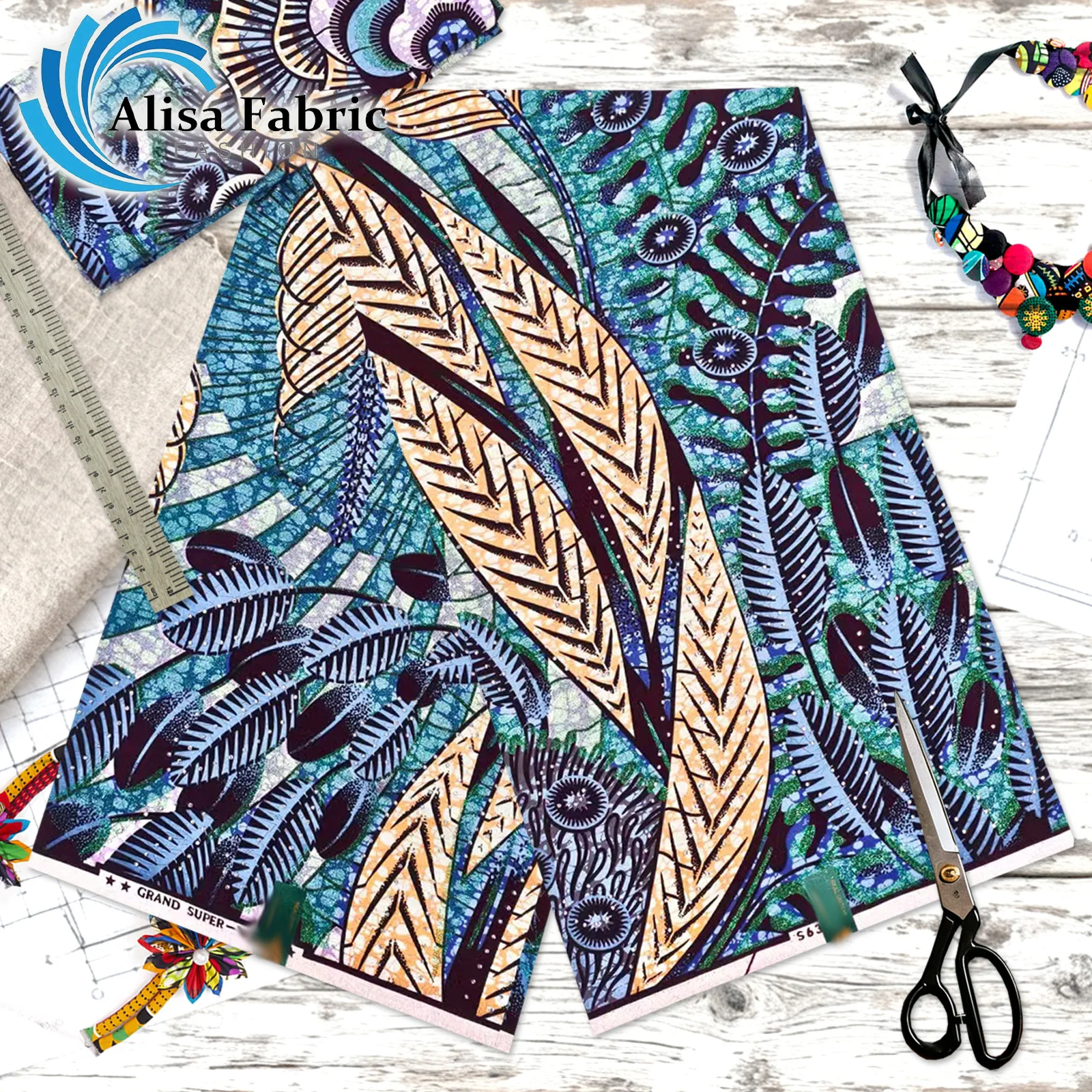 

Latest 2025 grand super hot drilling African fabric wax with stones 6 yards Dutch 100% cotton couture for evening dresses