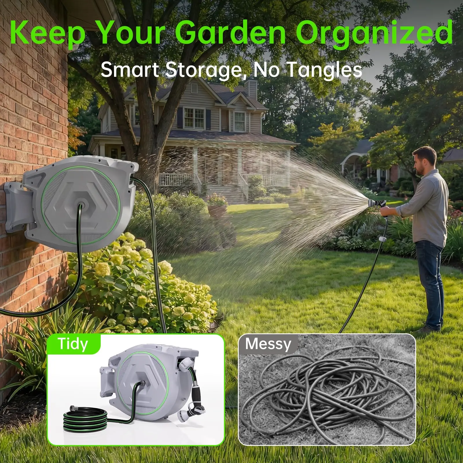 Retractable Garden Hose Reel, 100ft 5/8 inch Water Hose Reel for Gardening