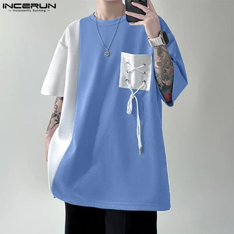 Incerun-redondo-colar camiseta para homens, manga curta, lace-up, casual, estilo coreano, streetwear, moda verão, 2024