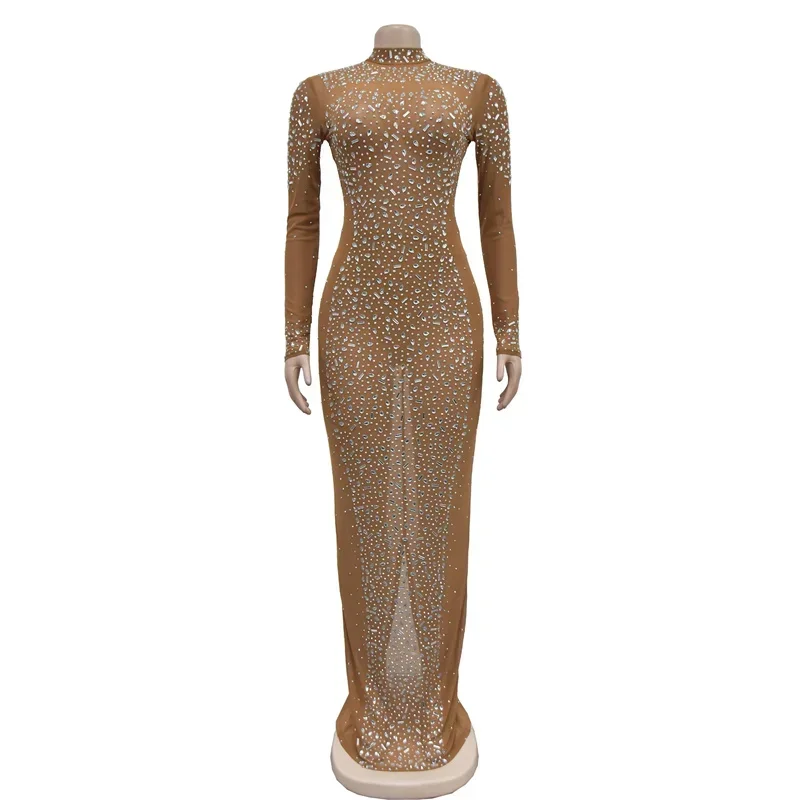 Nieuwe Dames Lange Mouw Ronde Hals Bodycon Pure Mesh Diamanten Lange Sexy Feestjurken Grote Strass Nacht Club Elegante Avondjurk