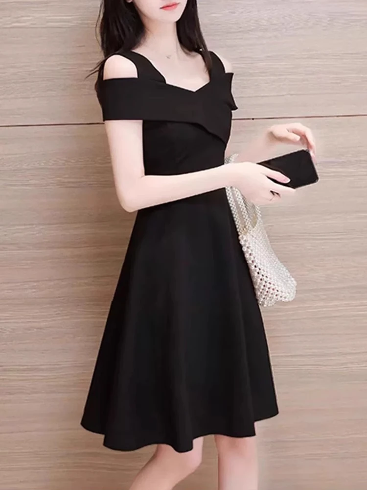 Ele Summer Bla Slimming One oulder Dr Women's Casual Sle Midi Skirt Polyester Blend Comfortable Fit A-Line Dr