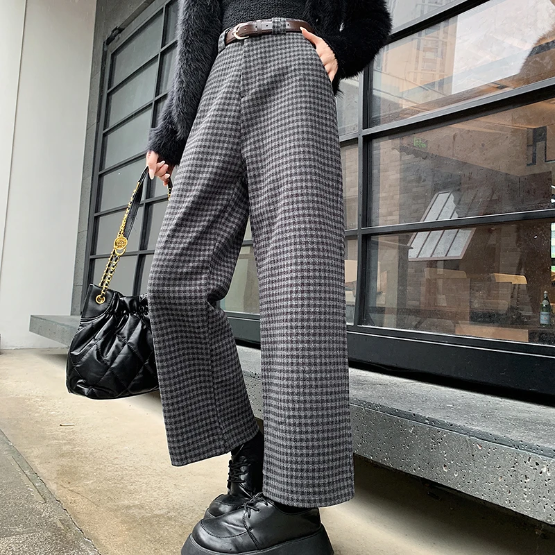 Wool Blend Ankle-length Pants Women High Waist Wide Leg Straight Pants Autumn Winter Warm Thick Plaid Pants Fashoin Boot Pants