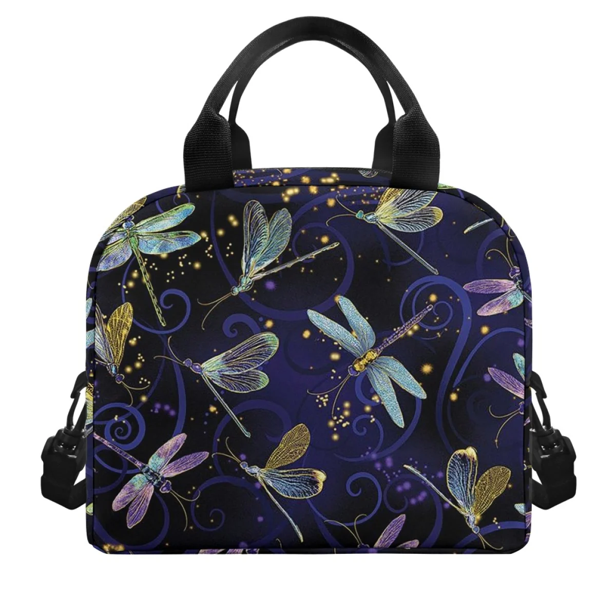 New Gradient Dragonfly Pattern Woman Male Double Layer Lunch bag Smooth Zipper Strap Sophisticated and Durable Insulated Bags