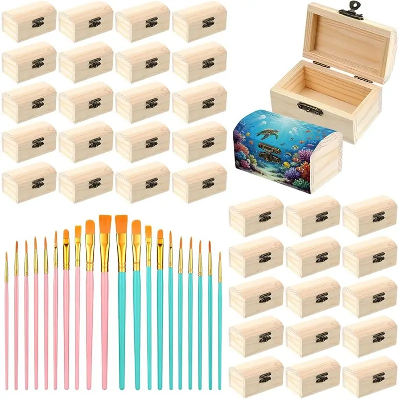 

【ORNAMENT】Wooden Boxes For Crafts 36Pcs With 20 Paintbrushes, 3.5 X 2.2 X 2 Inch Unfinished Treasure Chests For Jewelry Gift