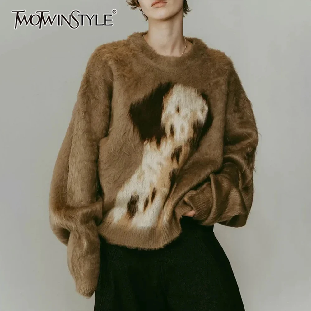 TWOTWINSTYLE Retro Printed Knit Women Sweaters Crew Neck Long Sleeve Korean Loose Sweater for Street Casual Occasions Autumn New