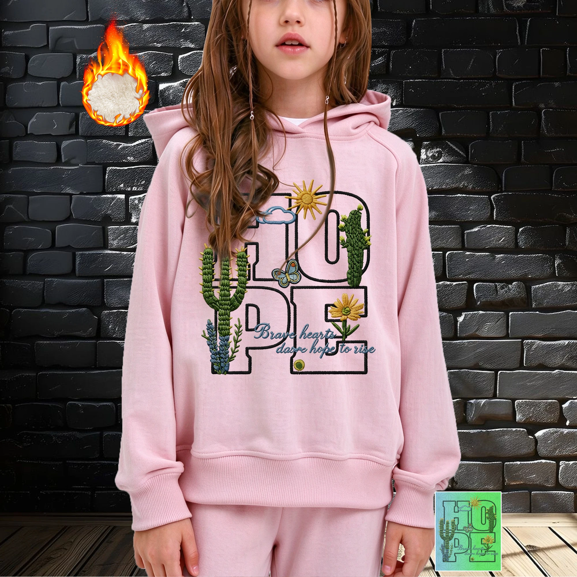 Hope Cactus Printed Girls Hoodie 3-14Y Kids Casual Iron-on Graphic Hooded Sweatshirt For School Daily Outdoor Wear