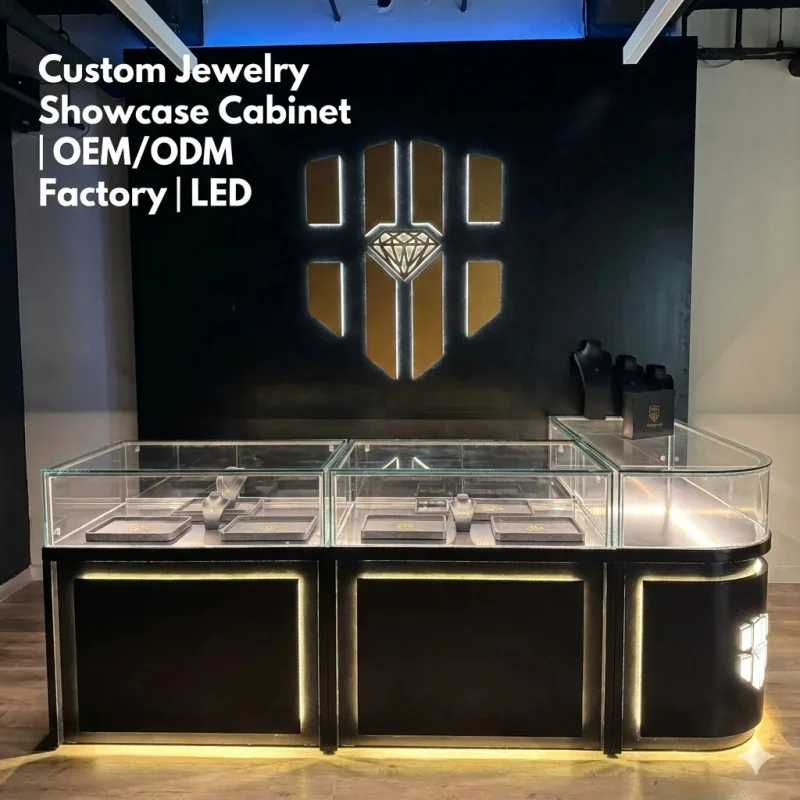 custom.Custom Luxury Jewelry Showcase Cabinet With LED Lighting Glass Display Counter Mall OEM ODM Factory