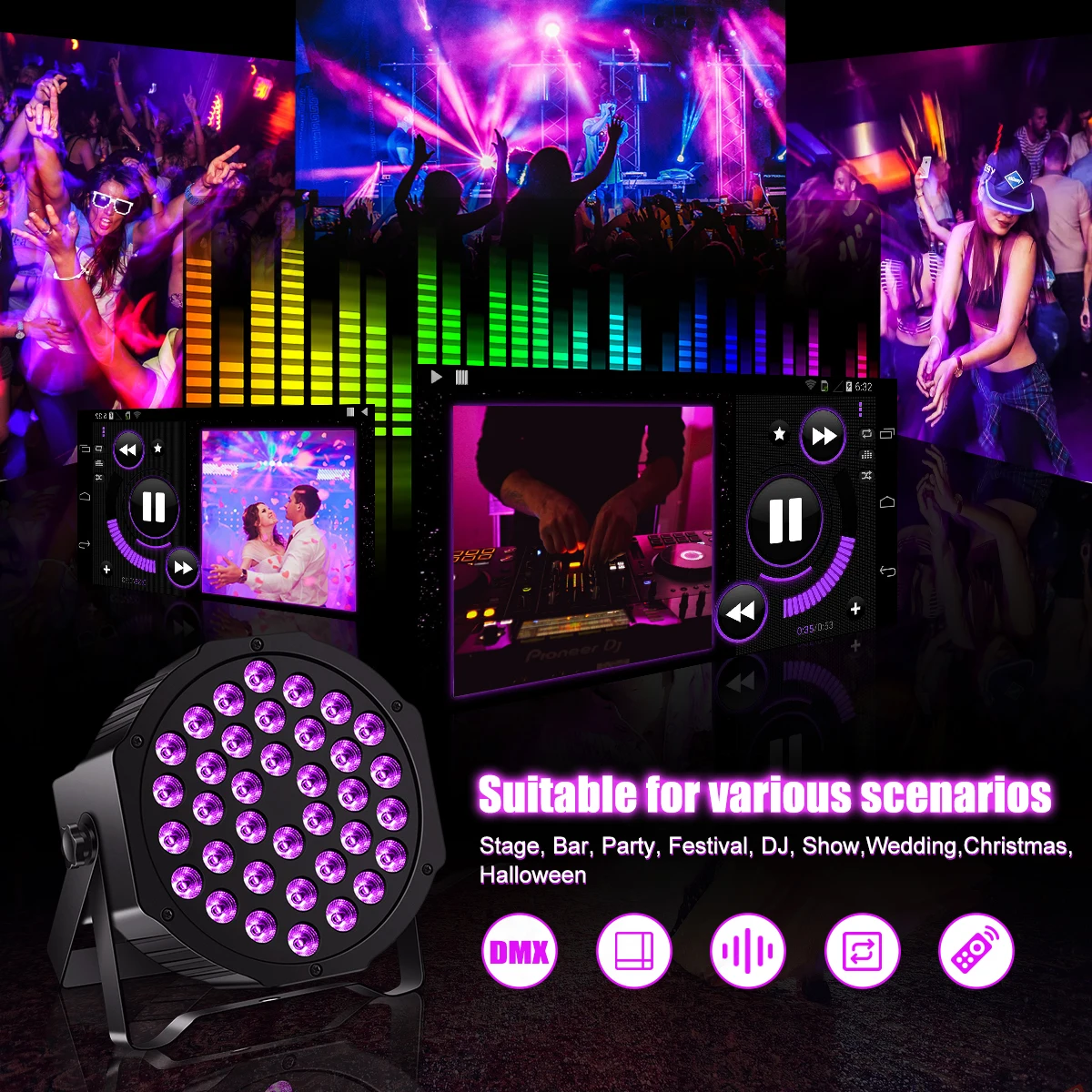 U'King 4PCS 36 LED Stage Flat Par Lighting Effect RGBW DMX512 Voice-activated Colorful Light for DJ Disco Party Bar Show Lights