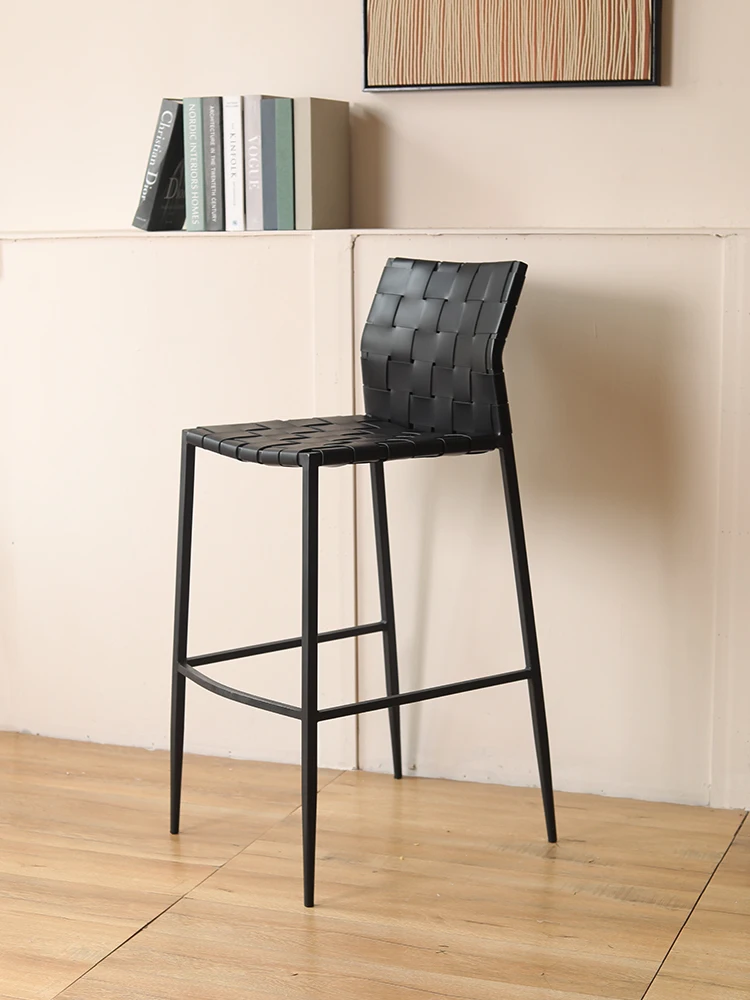 Luxury Italian Saddle Leather Bar Stool High Back Counter Chair for Home Dining Industrial Design