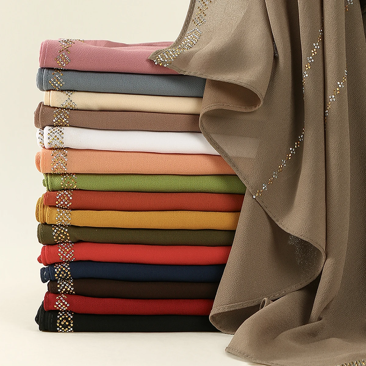 

Fashion Rhinestone Chiffon Hijab Scarf Women Muslim Hijab Shawl Plain Soft Headband Solid Color Long Muffler Islam Turban