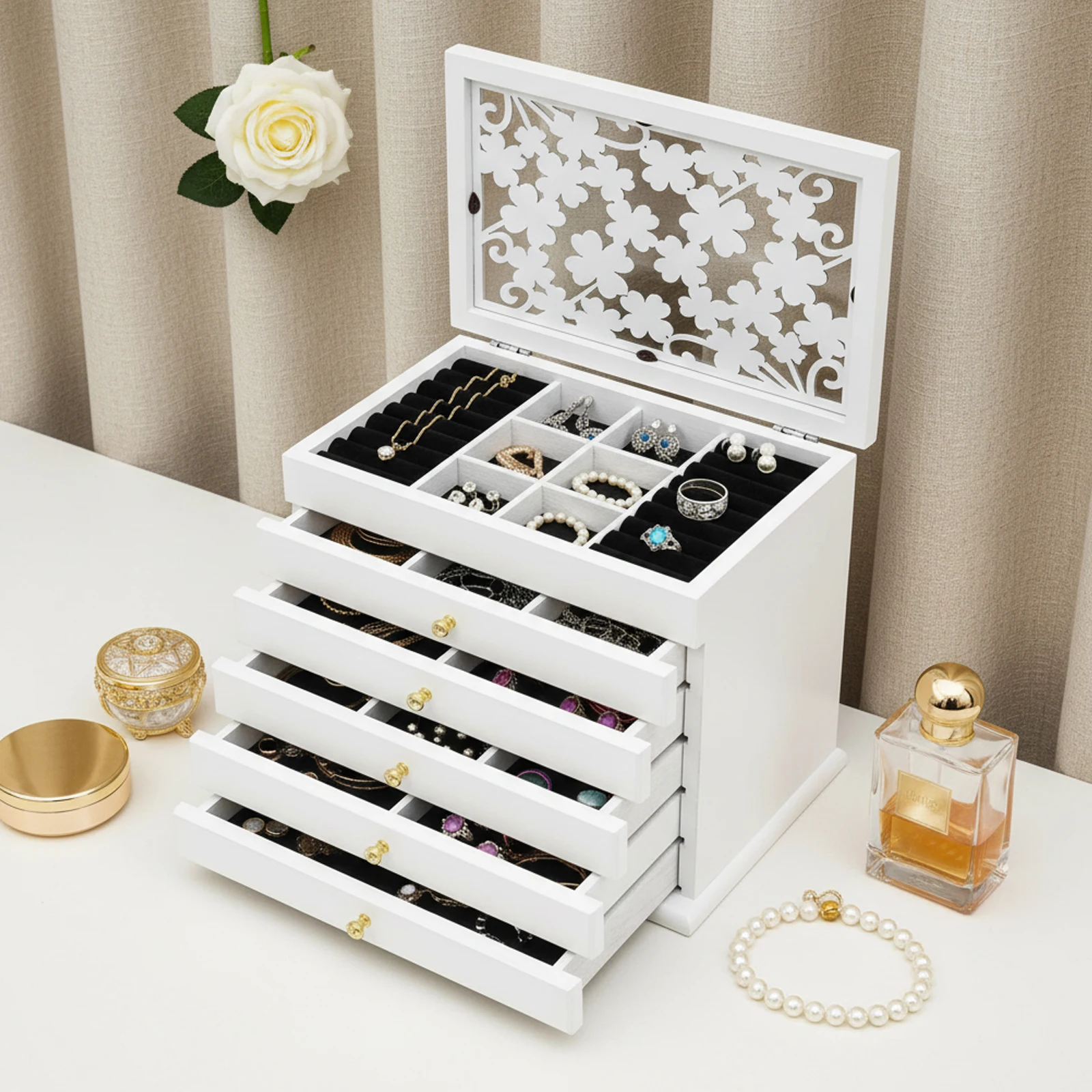 

Шестиярусная шкатулка для украшений белого цвета, 31*20*24.5 см, большая вместимость, отдельно стоящая, с качественными петлями и изысканными ручками
