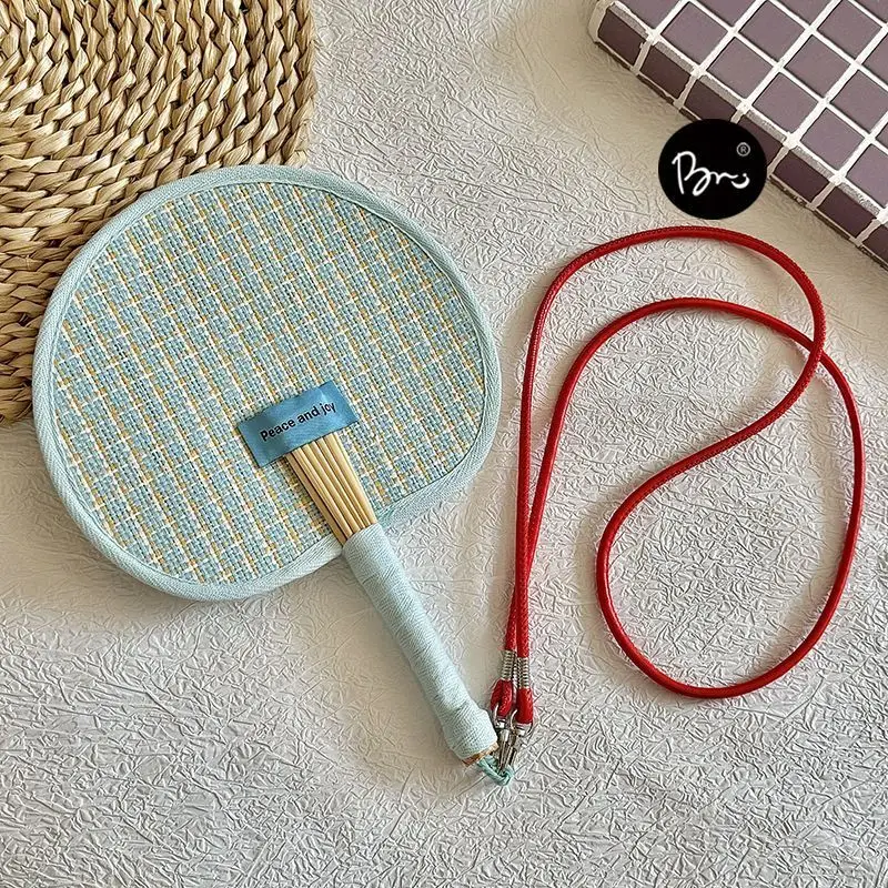 Woven Portable Hand Fan With Anti-lost Lanyard Summer Cooling Hand Fan For Outdoor Commuting Travel