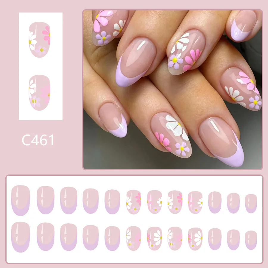 24 Pcs Medium Short Oval Adhesive False Nails French Press on Nails Set for Girls Multicolor Flower Design Fingernails Nail Art