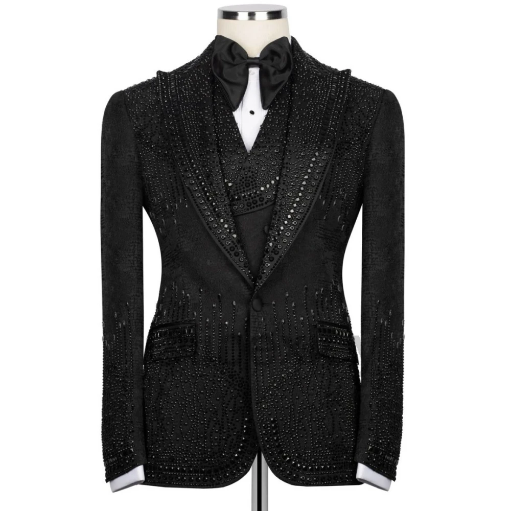 Olibexley Black Rhinestones Crystals Beaded Men Suits 3 Piece Sets Groom Male Blazers Wedding Tuxedos Slim Fit Customized S63